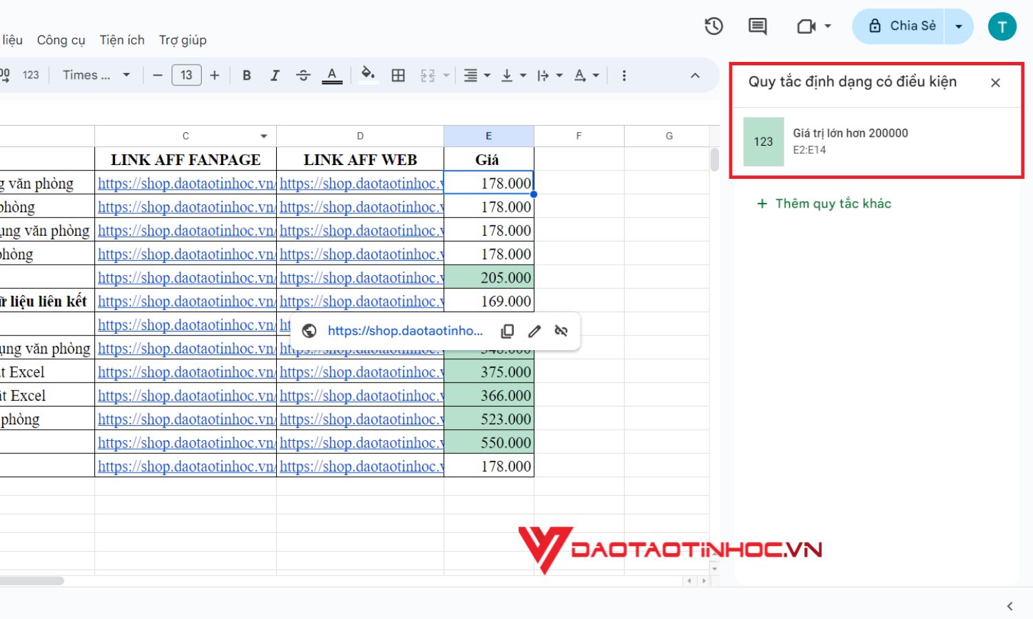 Conditional formatting trong google sheet cơ bản - Bước 6