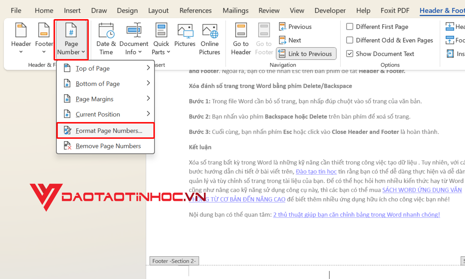 Điều chỉnh vị trí hiển thị số trang bằng Format Page Number