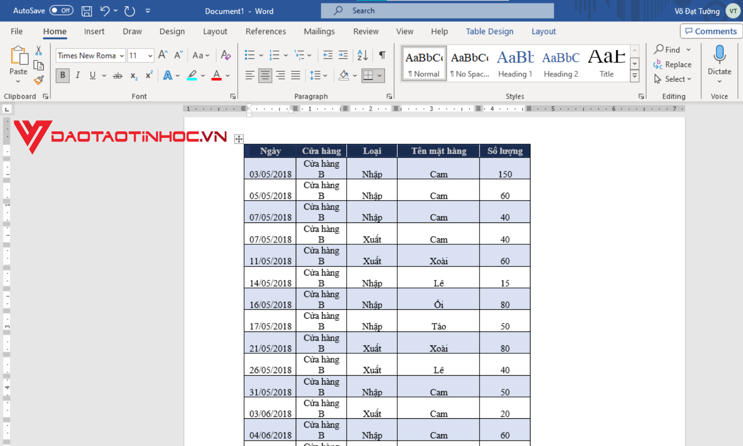 Lặp lại tiêu đề trong Word bằng Table Properties - Bước 1