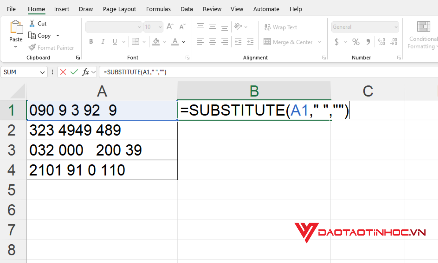 Nhập công thức hàm SUBSTITUTE