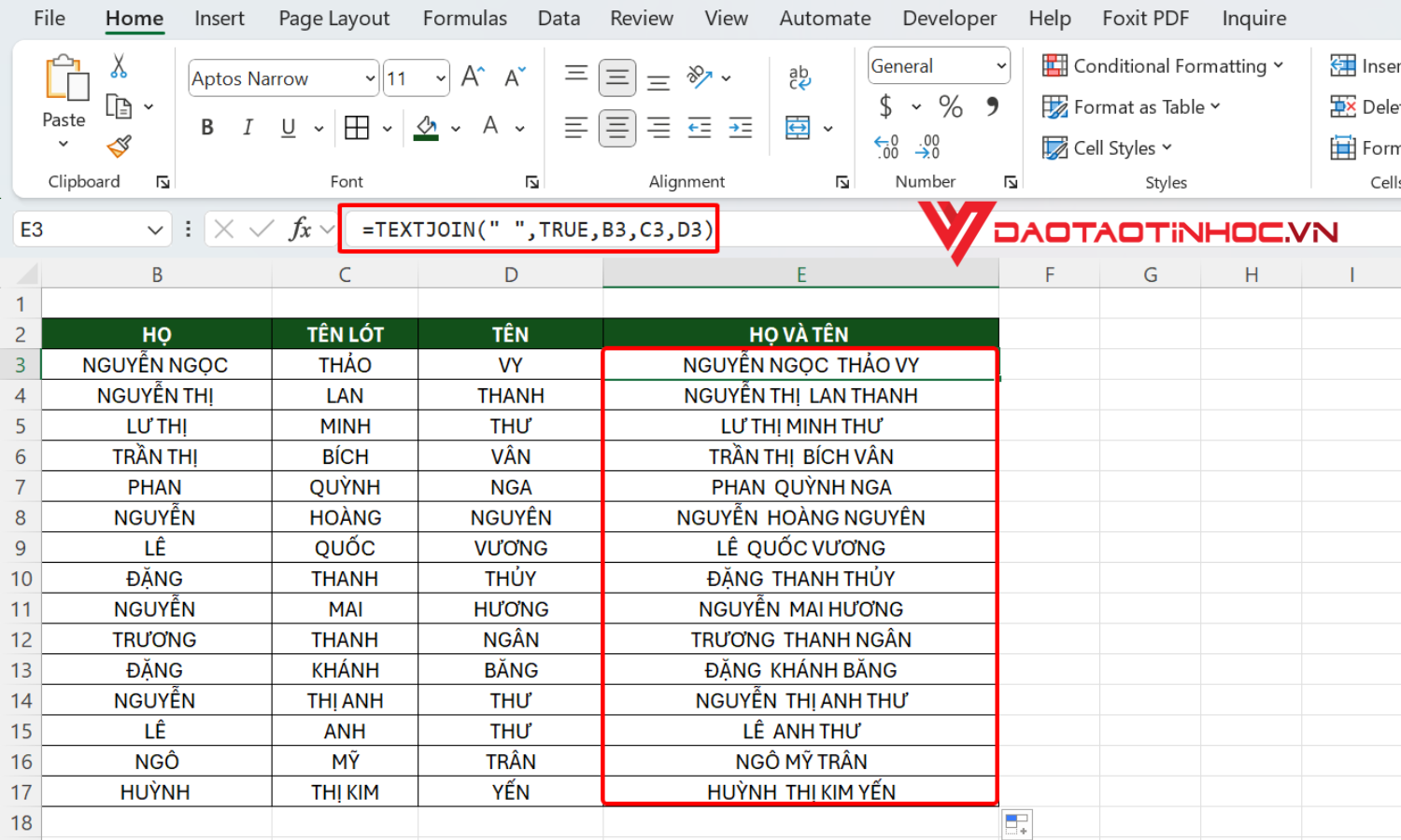 Nối chuỗi trong Excel bằng hàm TEXTJOIN
