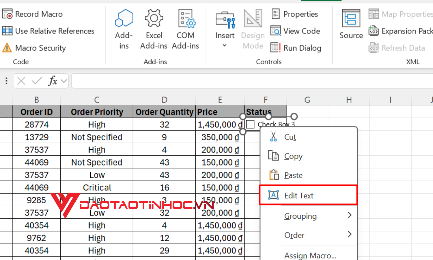 Tạo Checkbox bằng thẻ Developer - bước 3