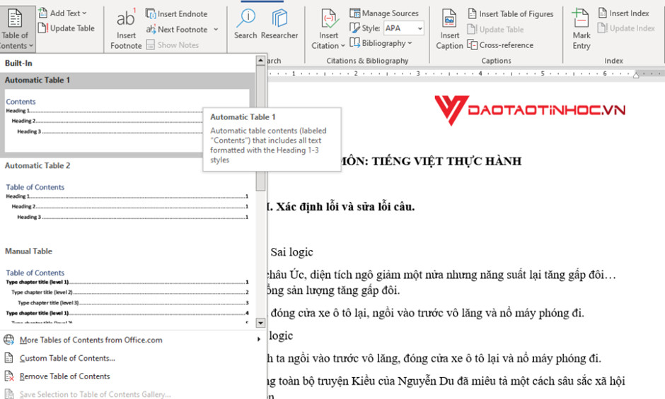 Tạo mục lục tự động trong Word - Automatic Table
