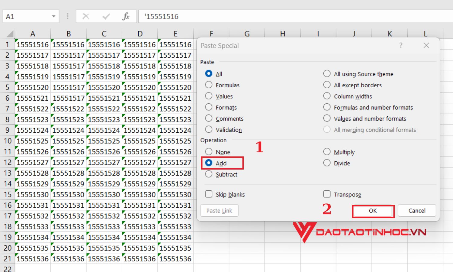 Sử dụng dấu Paste Special để chuyển text thành số - bước 2