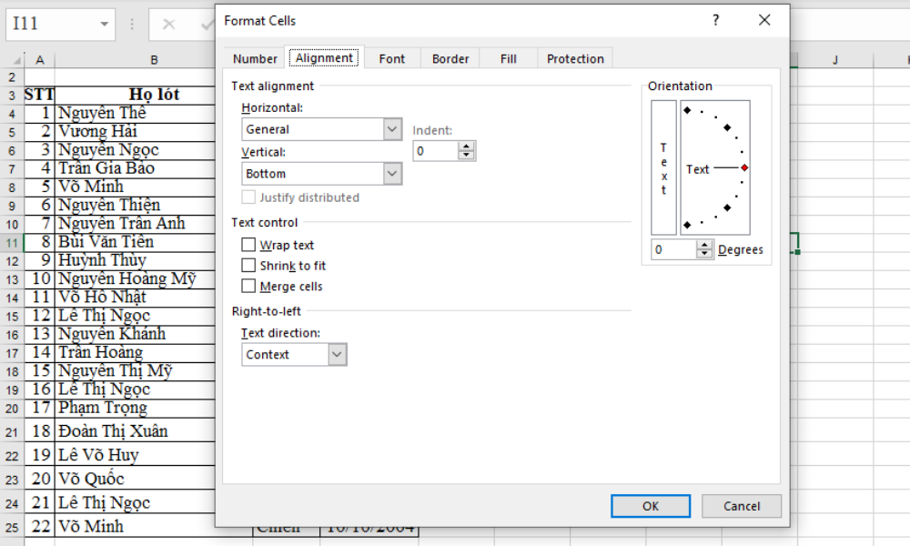 Cách căn chỉnh văn bản trong Excel bằng Format Cells