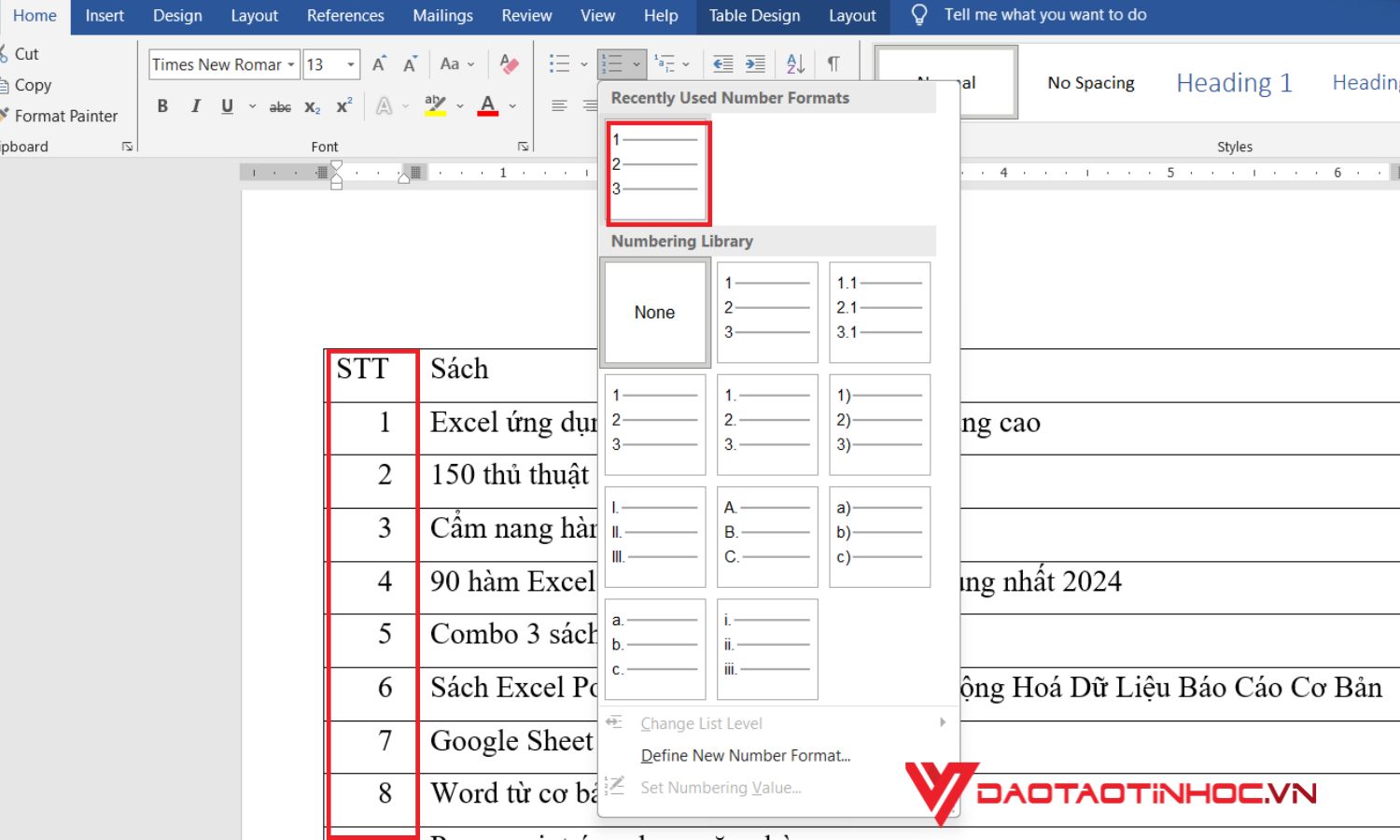 Cách đánh số thứ tự trong Word cho 2 cột khác nhau - bước 1
