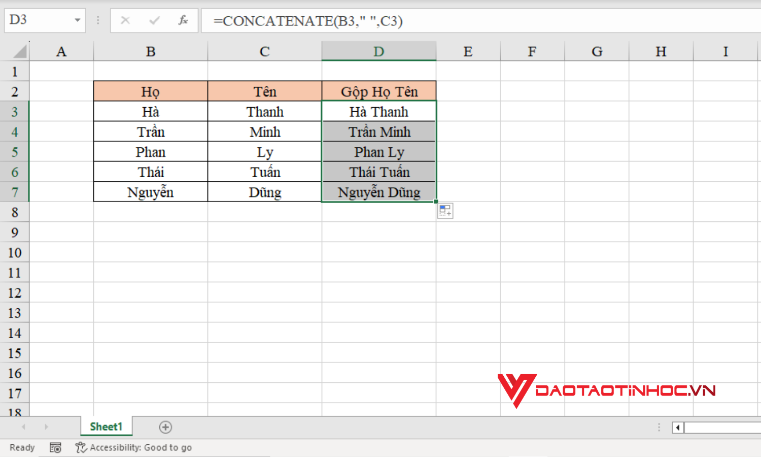 Cách gộp họ và tên trong Excel bằng hàm CONCATENATE - Bước 2