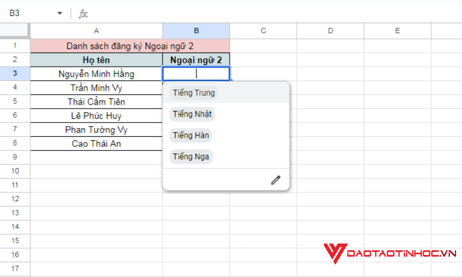 Cách tạo lựa chọn trong Google Sheet bằng dữ liệu tự nhập - Kết quả