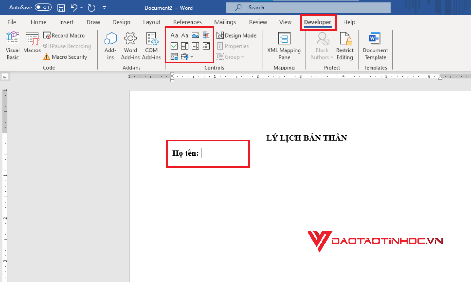 Cách thêm các trường nội dung để tạo form trong Word