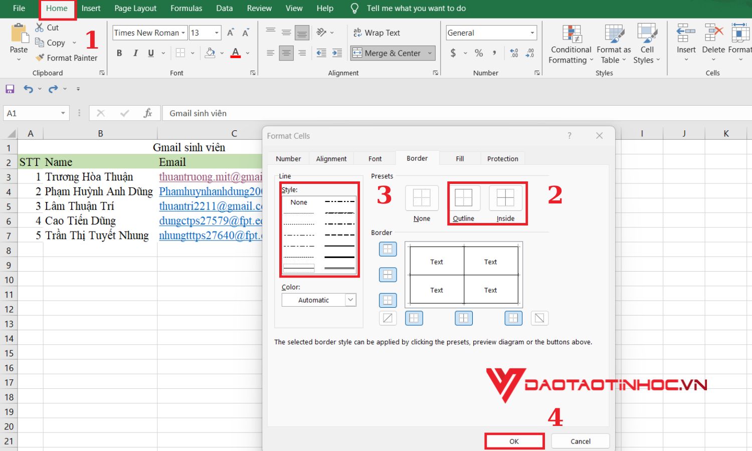 Chọn nét để kẻ trong khung excel - bước 3