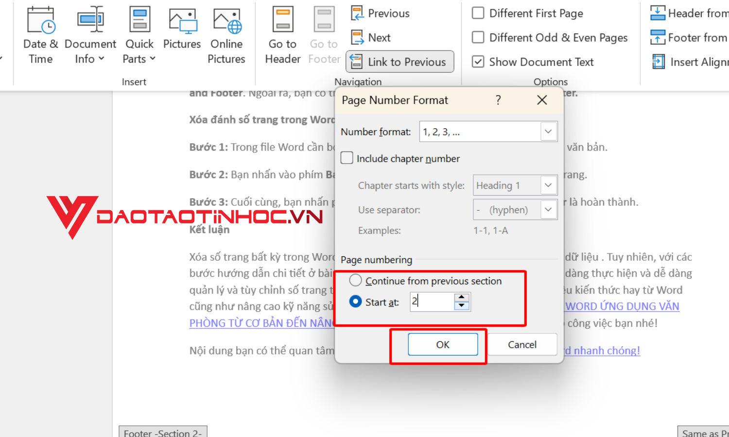 Chọn số trang tiếp theo, ở đây bắt đầu từ trang 2
