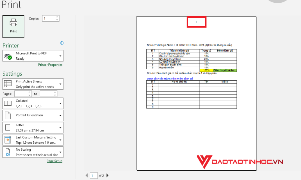 Đánh số trang bằng Page Setup - Kết quả