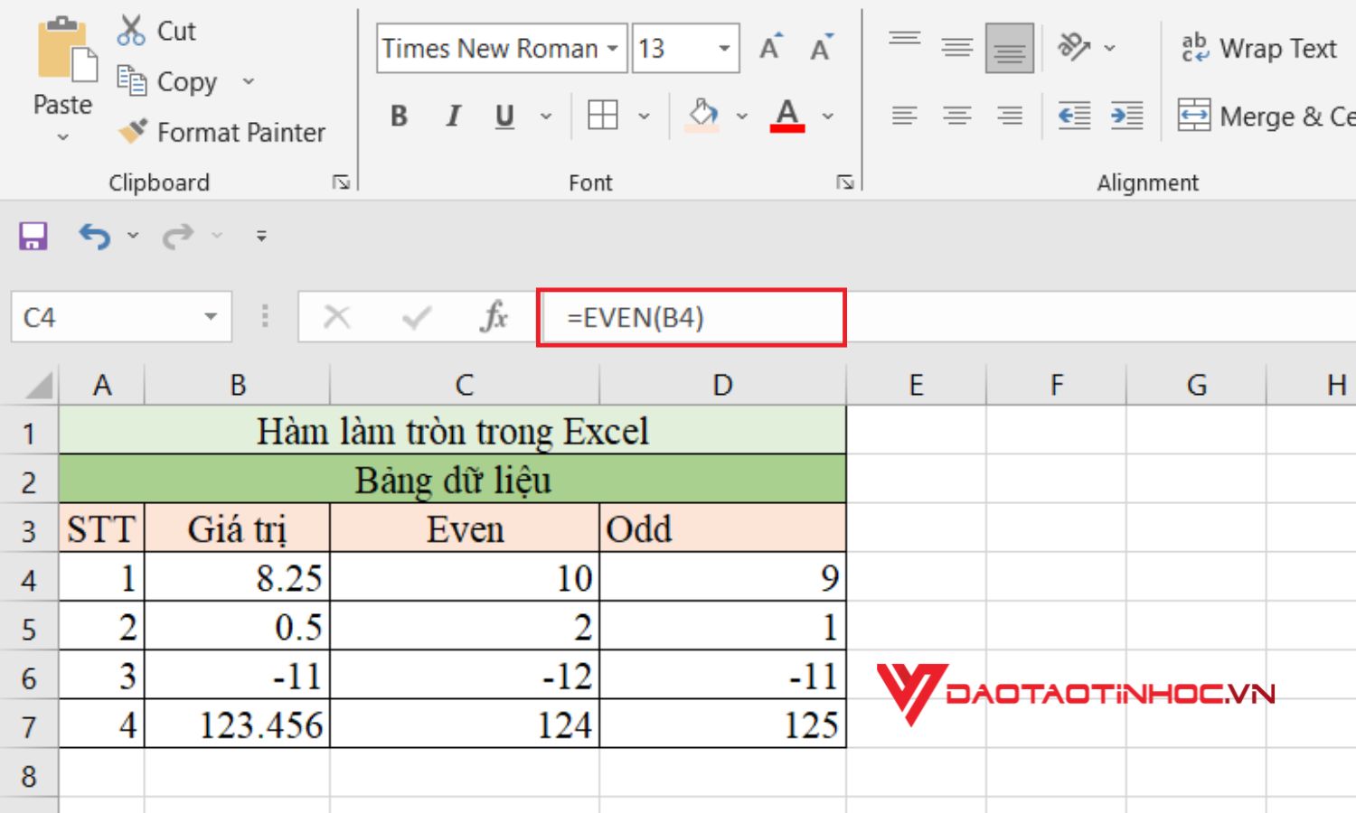 Sử dụng hàm Even và hàm Odd để làm tròn trong Excel - Bước 2