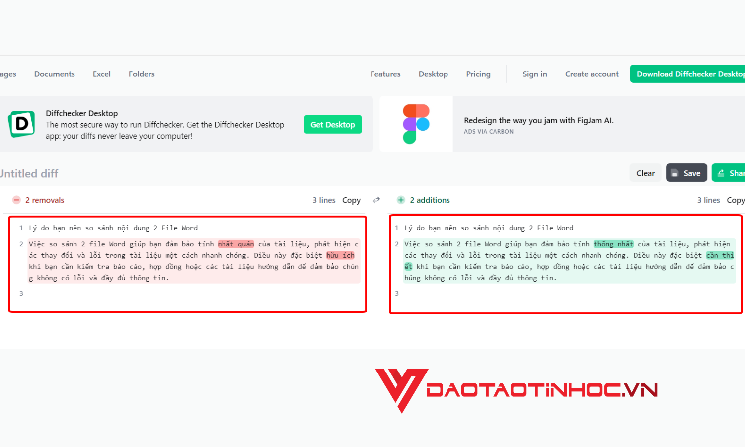 Kết quả sau khi hệ thống tìm những điểm thay đổi trong nội dung