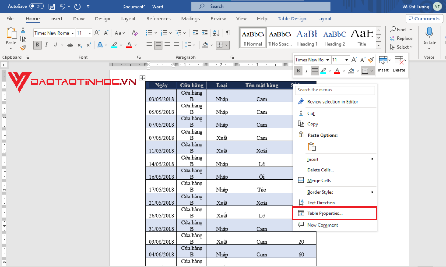 Lặp lại tiêu đề trong Word bằng Table Properties - Bước 2
