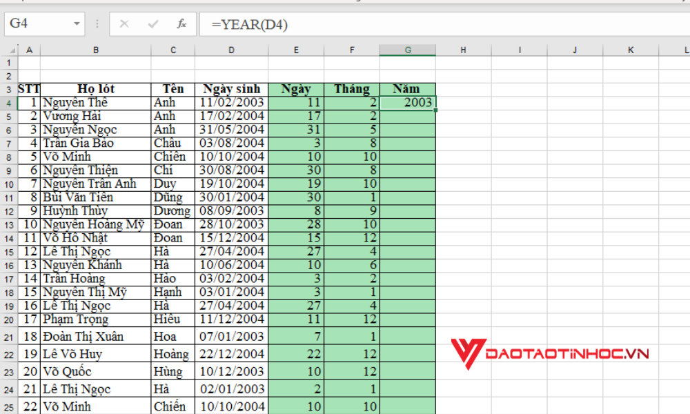 Tách ngày tháng năm trong Excel - Bước 3