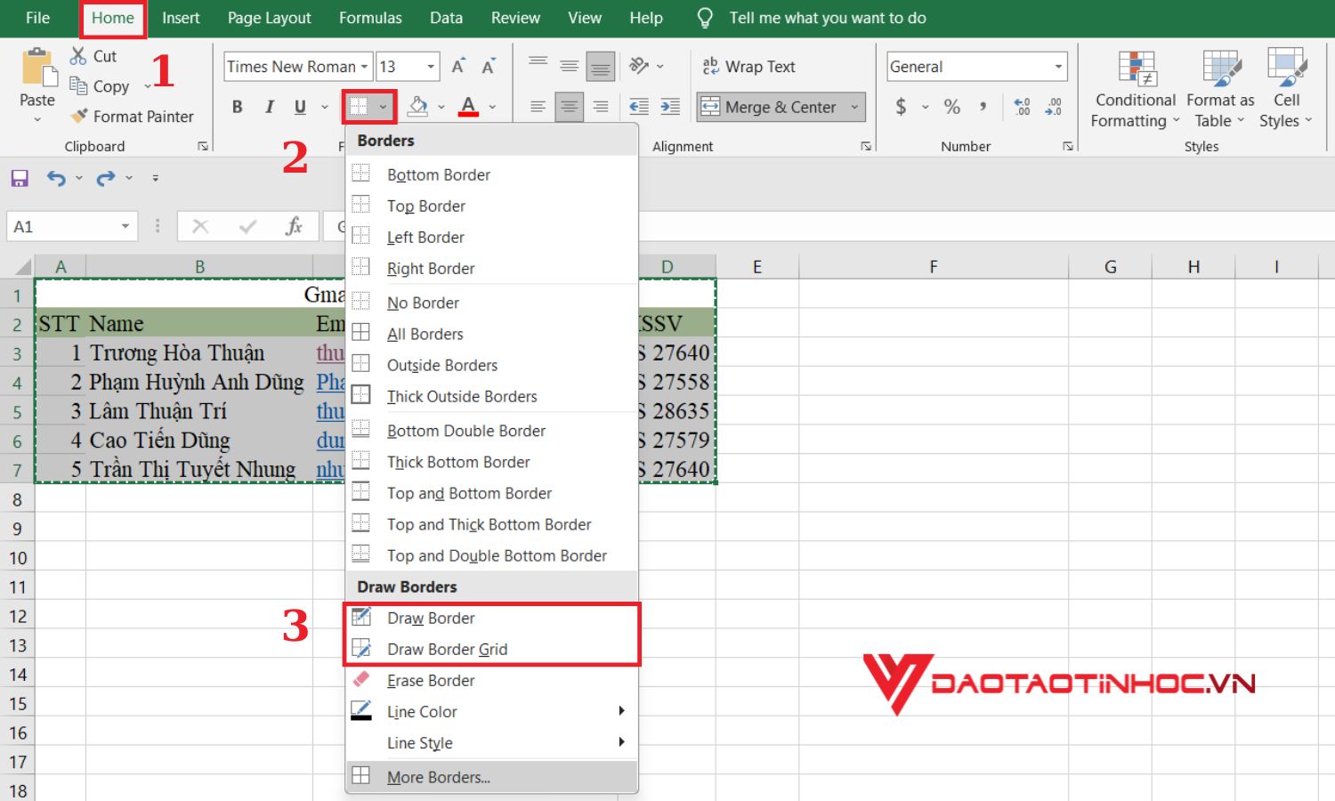 Cách 1: Tự kẻ ô trong Excel