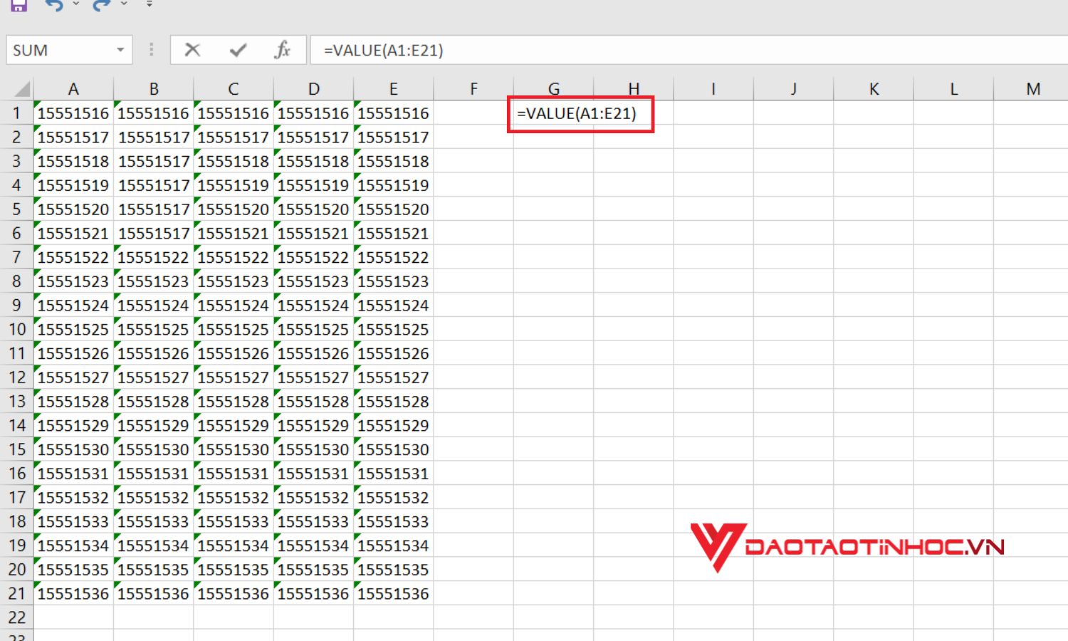 Sử dụng dấu hàm VALUE để chuyển text thành số