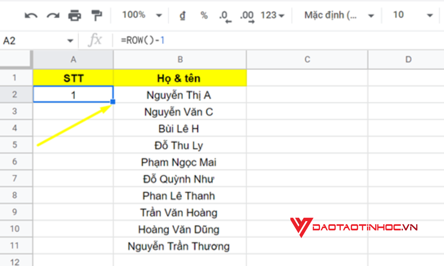 Cách đánh số thứ tự trong Google Sheet bằng hàm ROW - Bước 2