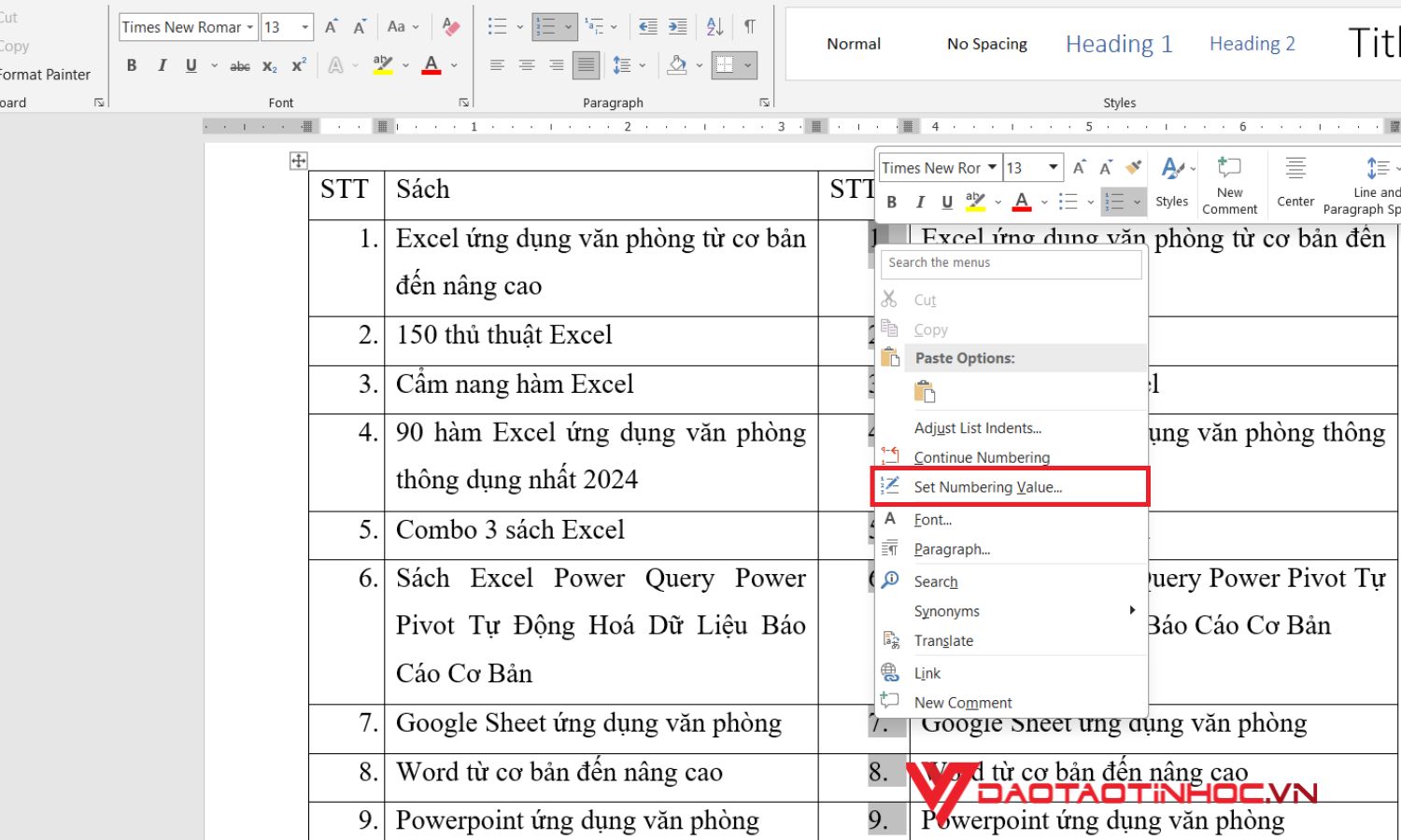 Cách đánh số thứ tự trong Word cho 2 cột khác nhau - bước 2