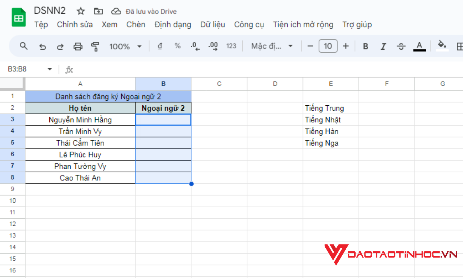 Cách tạo lựa chọn trong Google Sheet từ dữ liệu có sẵn - Bước 1