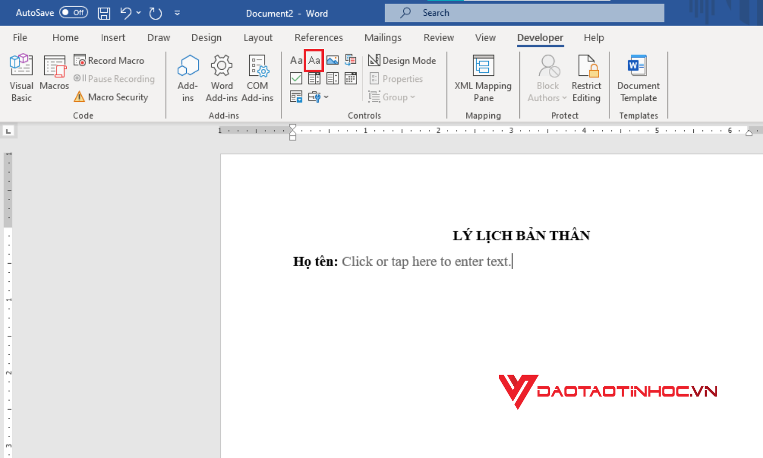 Cách thêm các trường nội dung để tạo form trong Word - Plain Text