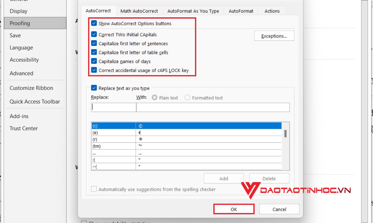 Cài chế độ mặc định tự động viết hoa trong word - Bước 4