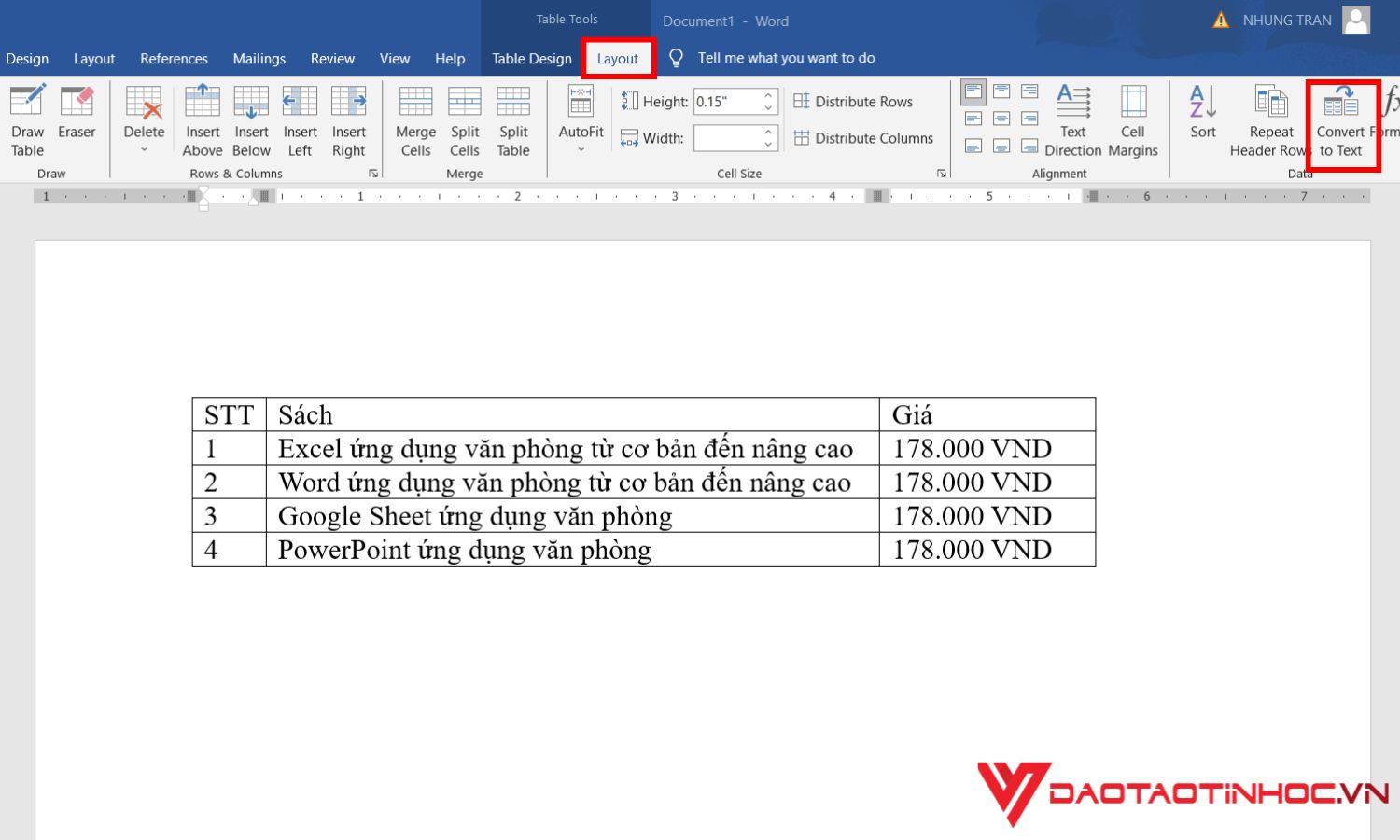 Cách chuyển bảng thành văn bản trong word - bước 2