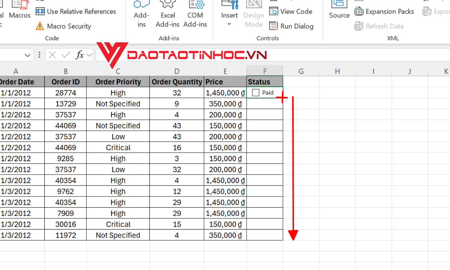 Dùng chuột kéo đến vị trí đang muốn tạo Checkbox - bước 4