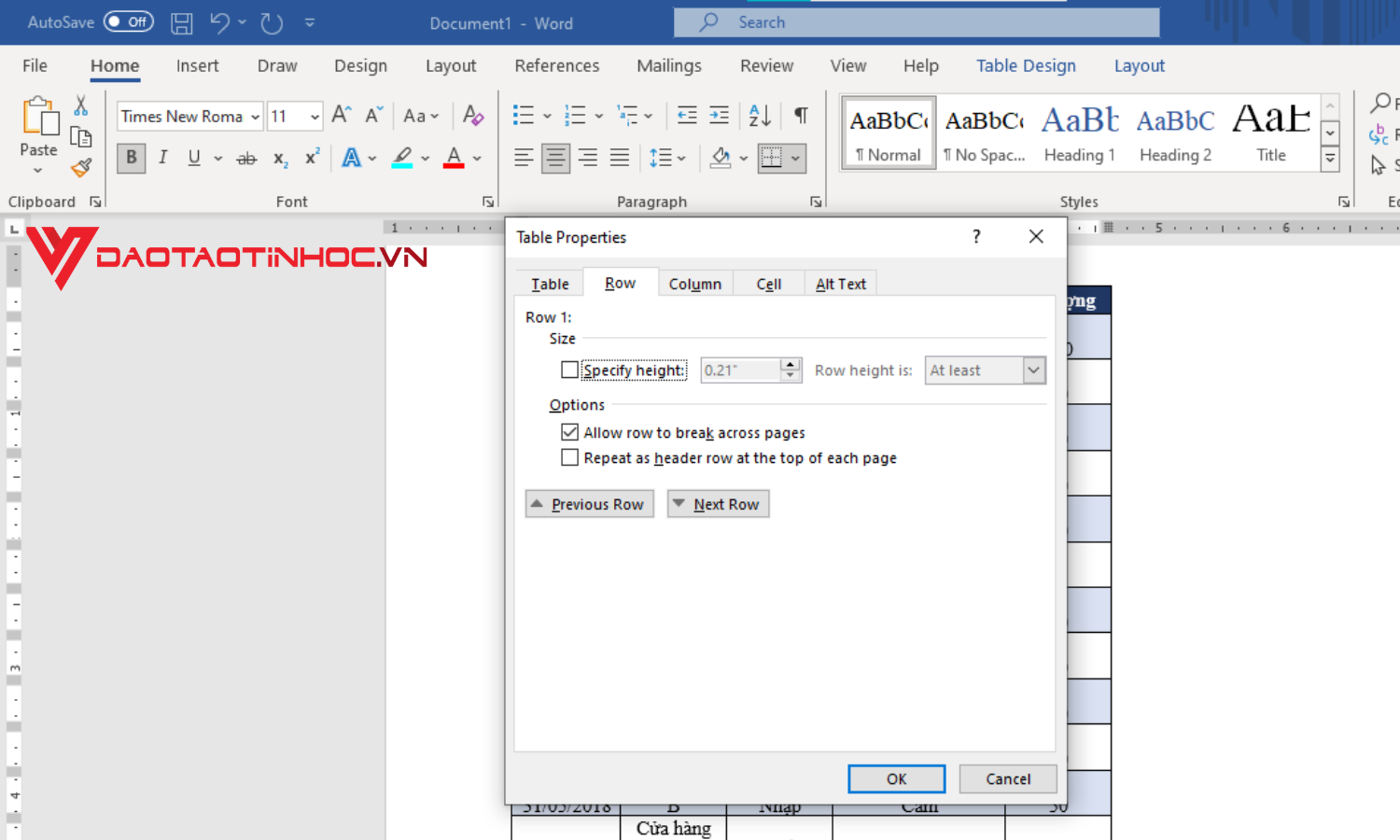 Lặp lại tiêu đề trong Word bằng Table Properties - Bước 3