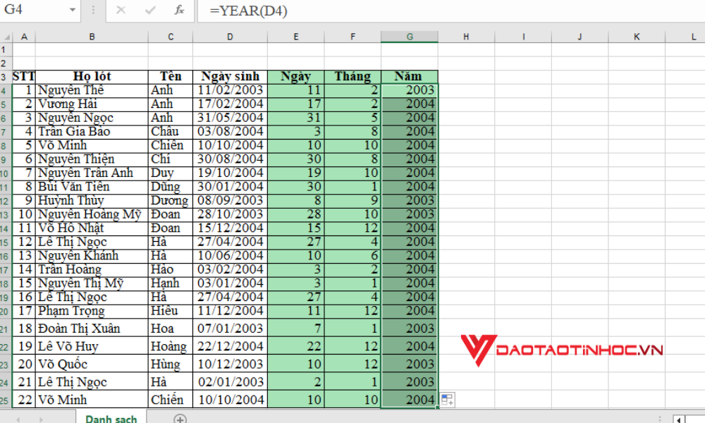 Tách ngày tháng năm trong Excel - Bước 3