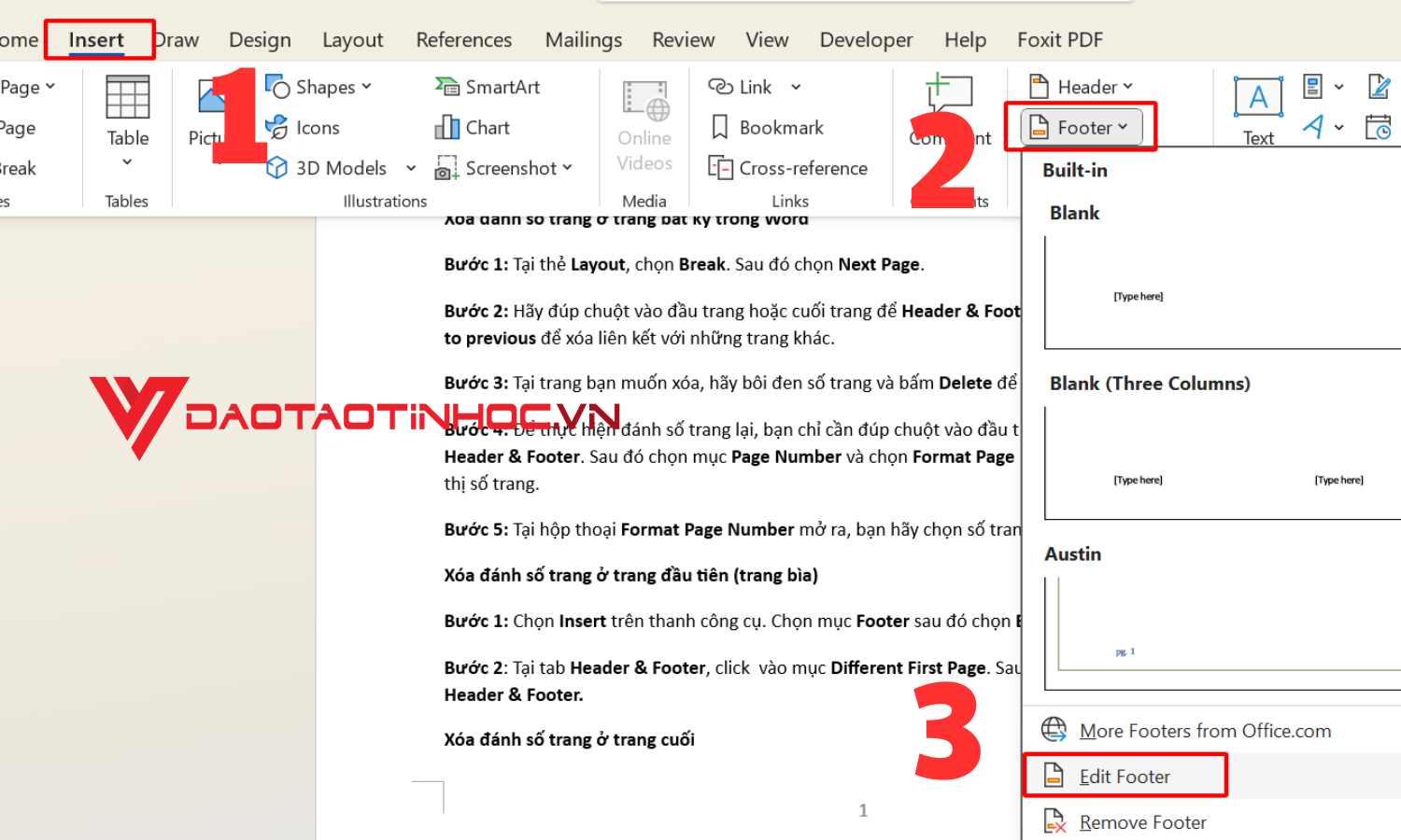 Xóa đánh số trang ở trang đầu tiên - bước 1