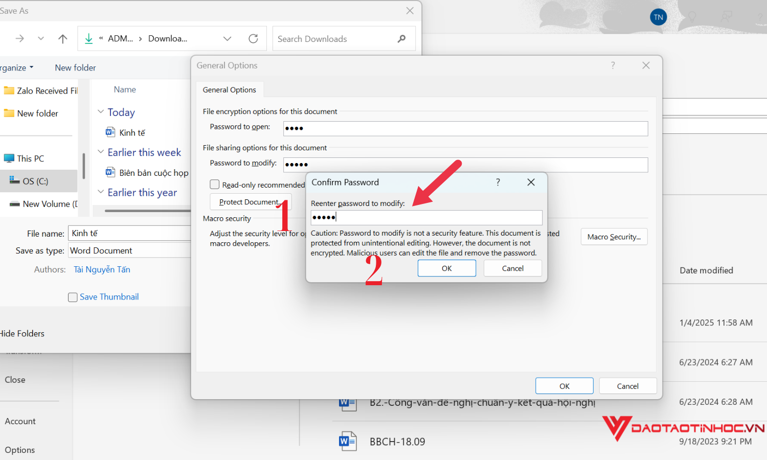 Xác nhận lại và nhập mật khẩu mở file kèm quyền chỉnh sửa