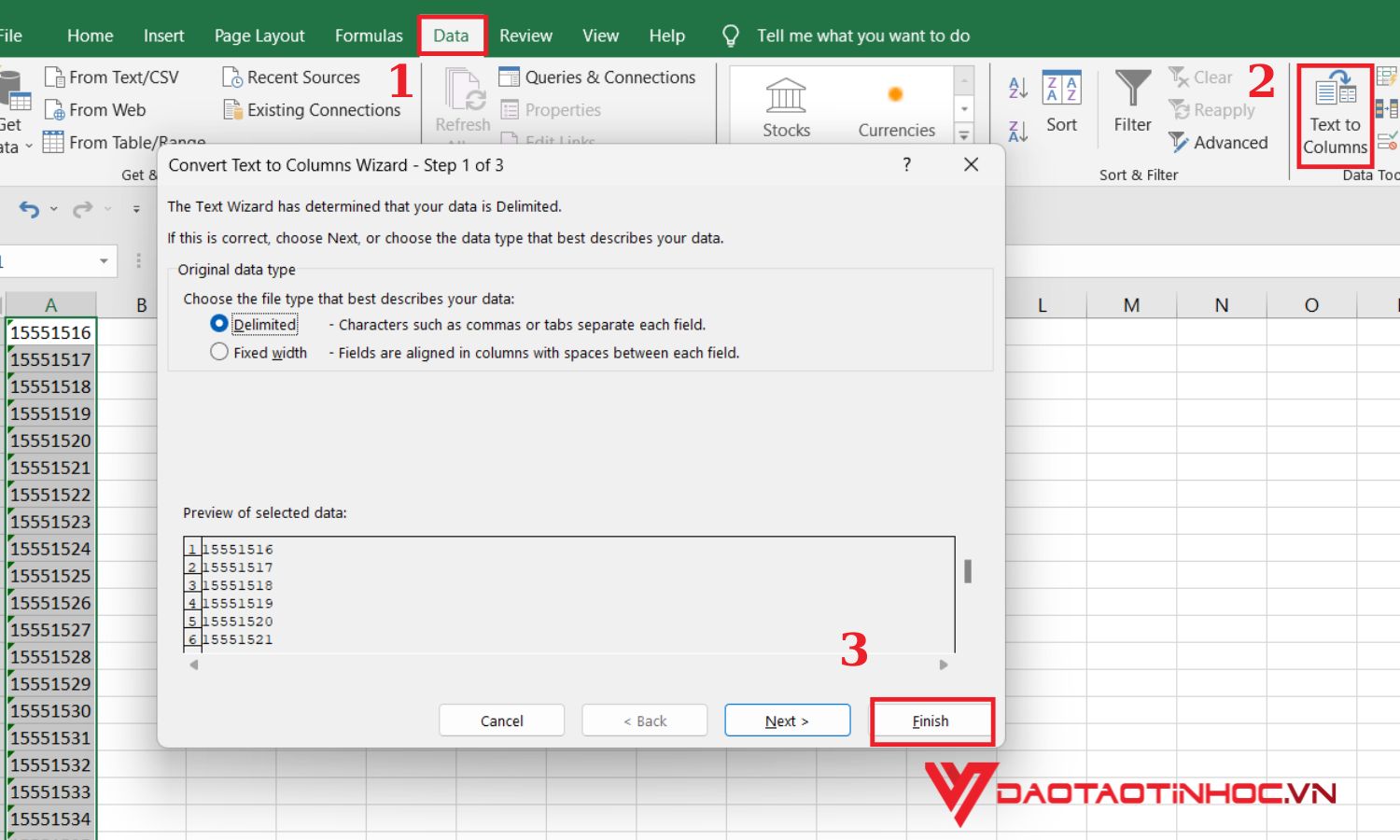 Sử dụng dấu thanh công cụ để chuyển text thành số