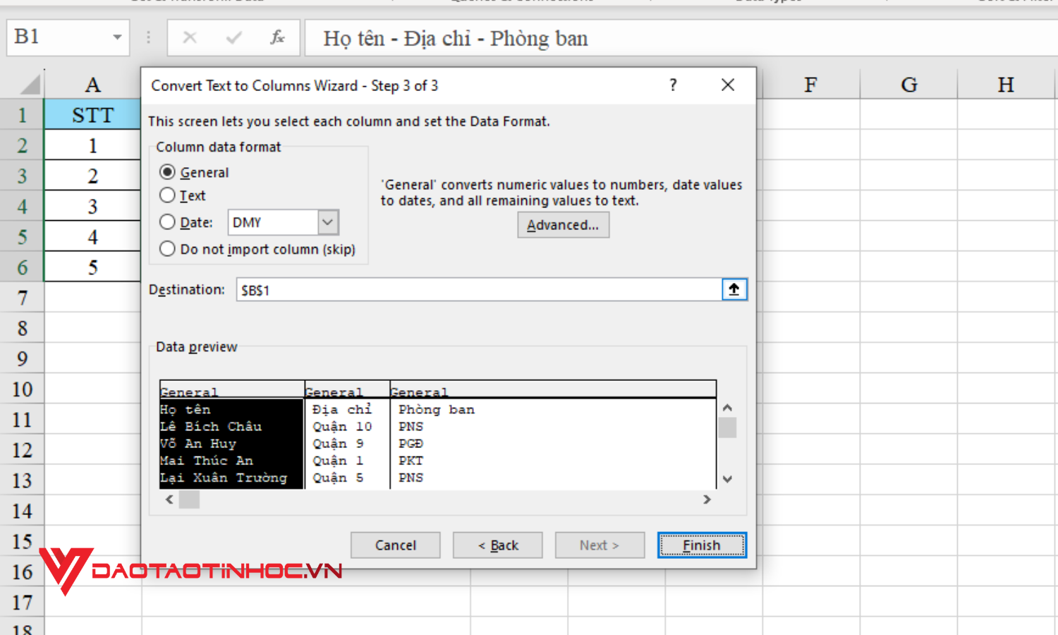 Cách chia 1 ô thành nhiều ô trong Excel bằng Text to Columns - Bước 5