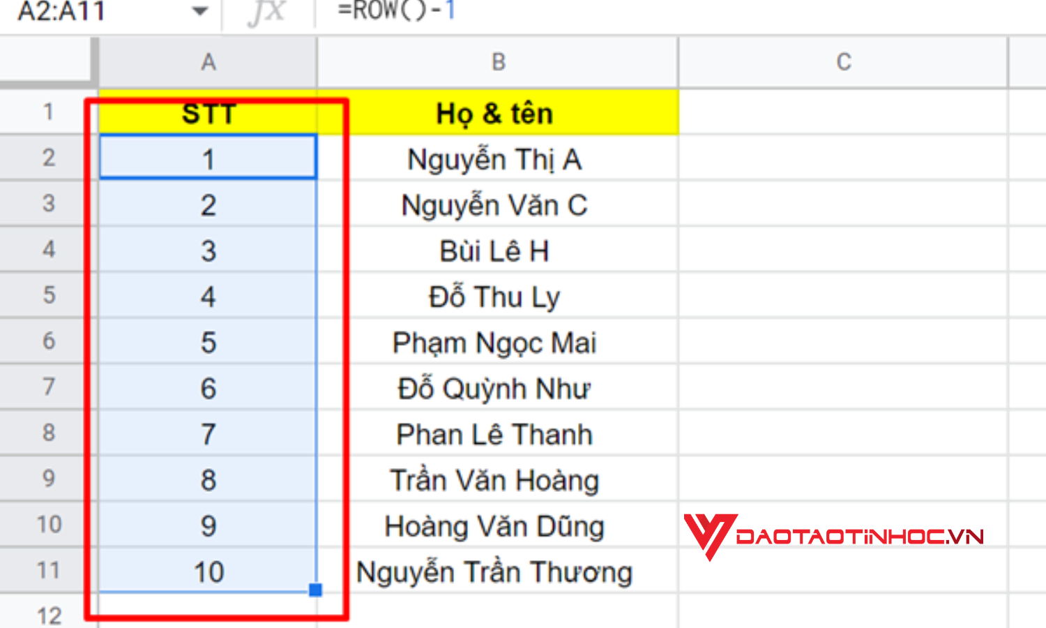 Cách đánh số thứ tự trong Google Sheet bằng hàm ROW - Kết quả