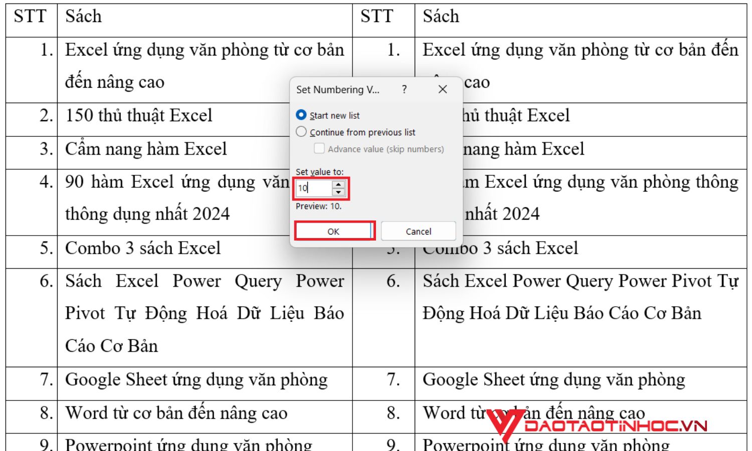 Cách đánh số thứ tự trong Word cho 2 cột khác nhau - bước 3