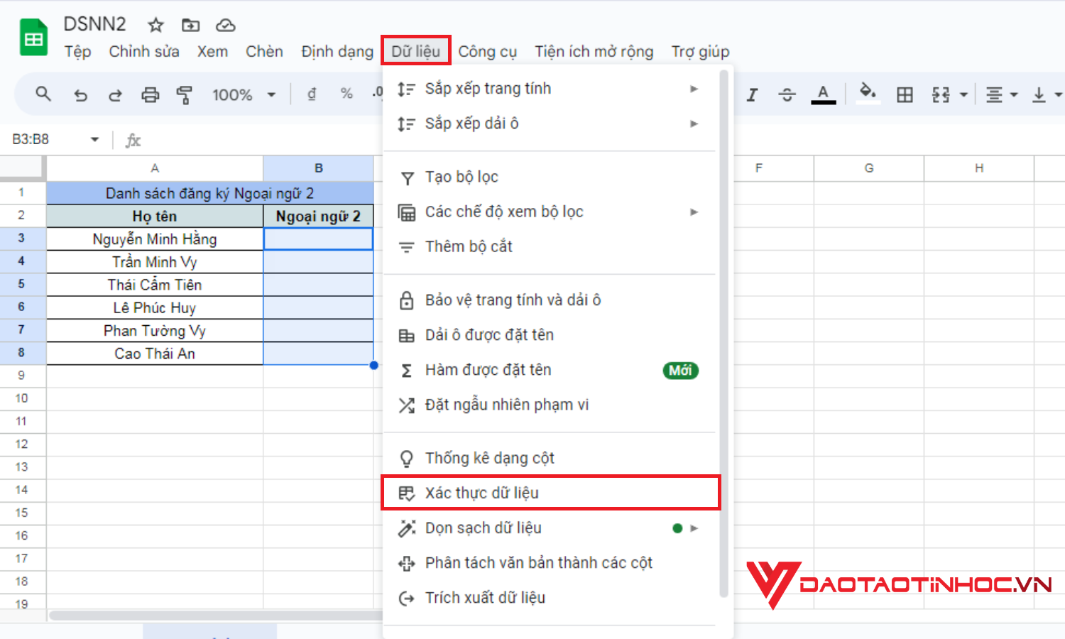Cách tạo lựa chọn trong Google Sheet từ dữ liệu có sẵn - Bước 2