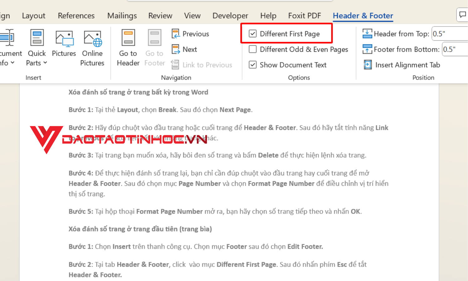 Click vào mục Different First Page. Sau đó nhấn phím Esc để tắt Header & Footer.