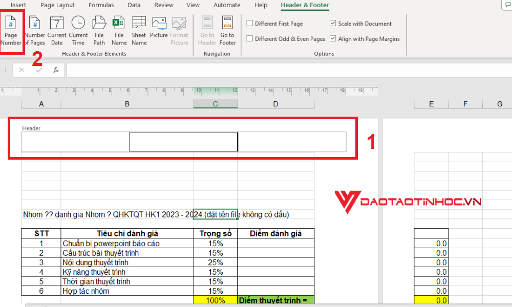 Đánh số trang bằng Insert - Bước 2