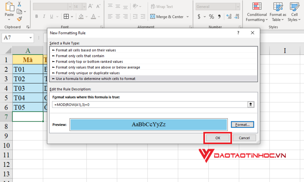 Dùng hàm MOD để đánh dấu các hàng - Bước 5