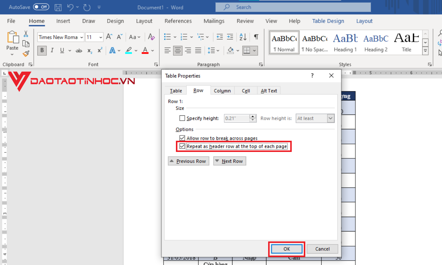 Lặp lại tiêu đề trong Word bằng Table Properties - Bước 4