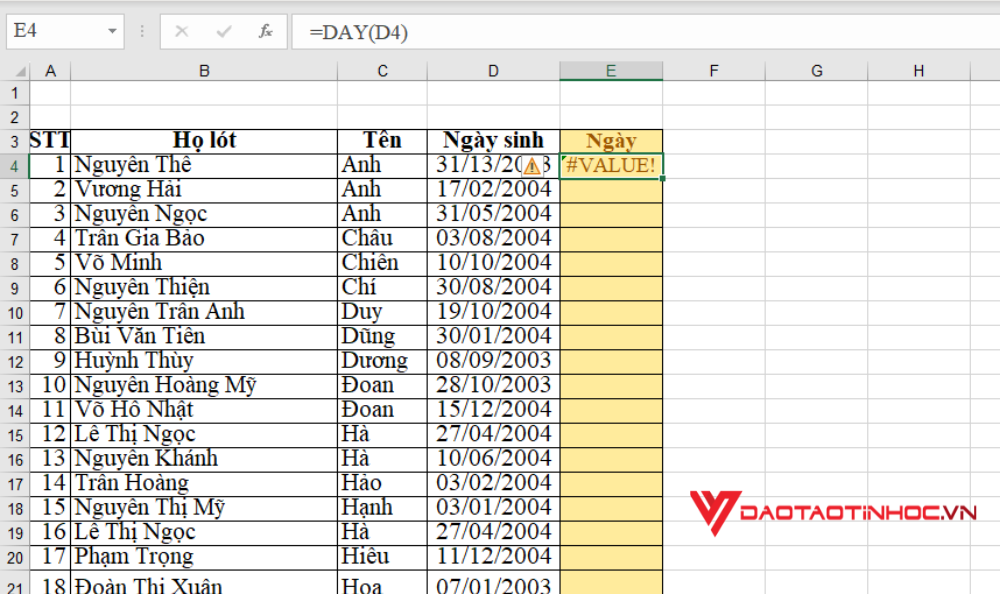 Tách ngày tháng năm trong Excel - Lỗi #VALUE!