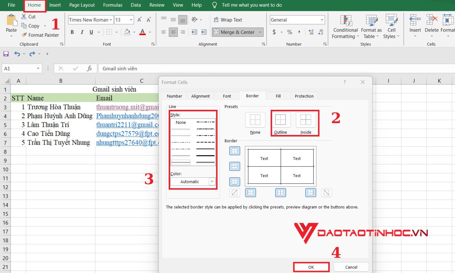 Cách 2: Tạo màu sắc cho đường kẻ khung viền bằng Format Cells