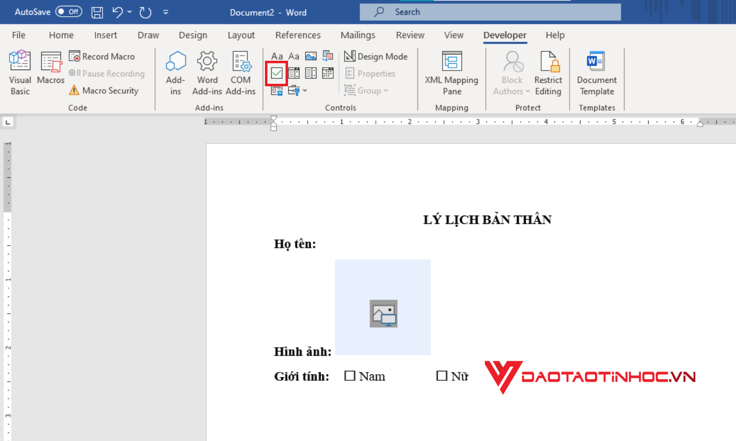 Cách thêm các trường nội dung để tạo form trong Word - Check Box