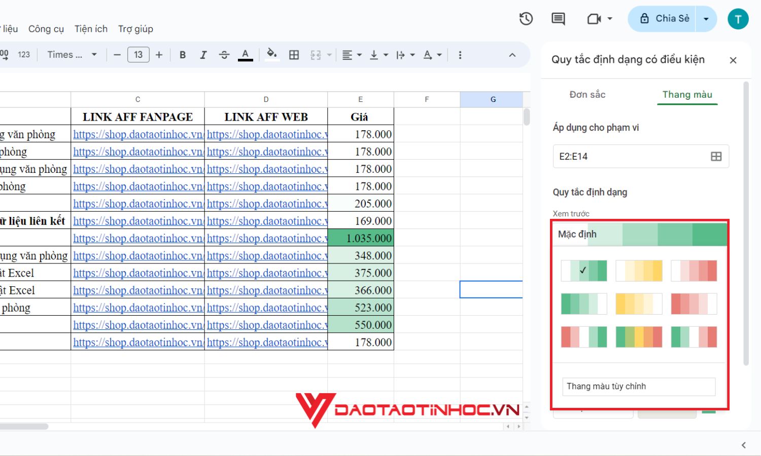 Conditional formatting trong google sheet nâng cao - Bước 6