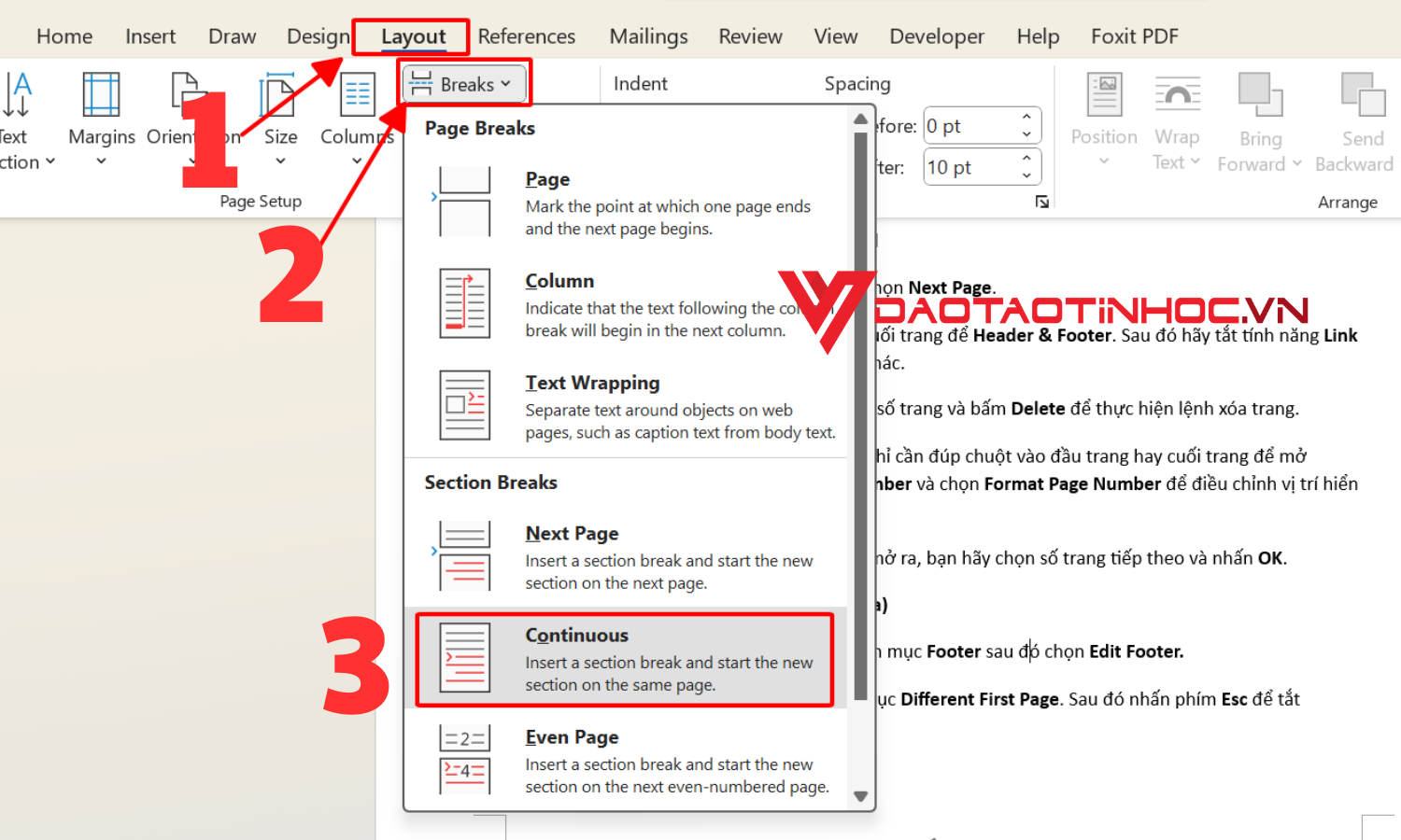 Xóa đánh số trang ở trang cuối - bước 1