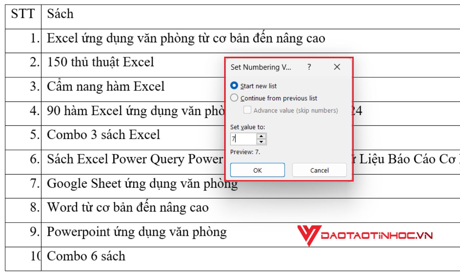 Cách đánh số thứ tự trong bảng Word được bắt đầu ở số bất kỳ - bước 3