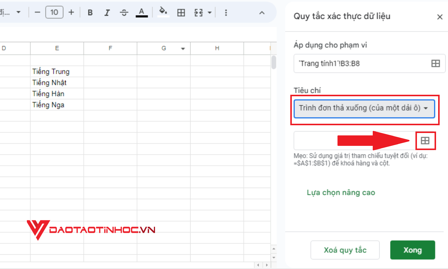 Cách tạo lựa chọn trong Google Sheet từ dữ liệu có sẵn - Bước 4