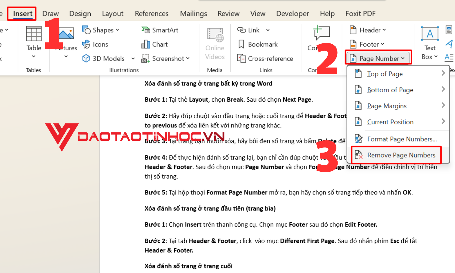 Chọn Remove Page Number để thực hiện xóa số trang